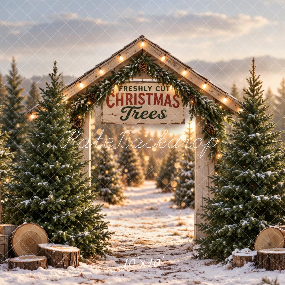 Lightning Deal Kate Christmas Snowy Tree Farm Arch Rustic Wood Printed Backdrop Designed by Emetselch