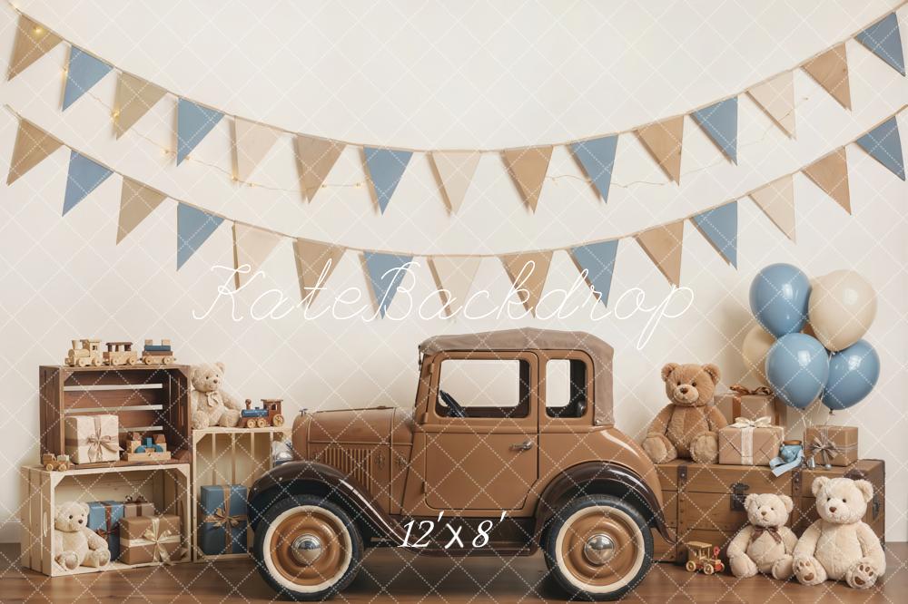 Kate Cake Smash Vintage Car Teddy Bear Blue Bunting Balloons Printed Backdrop Designed by Emetselch