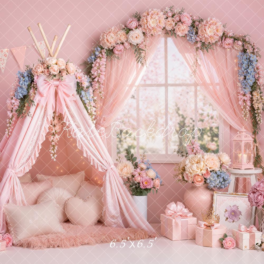 Kate Sring Pink Floral Teepee Flower Arch Window Printed Backdrop Designed by Emetselch