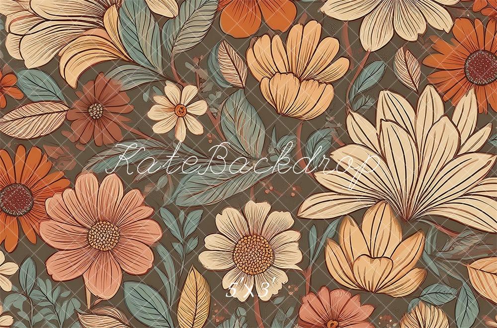 Kate Coral Teal and Ivory Retro Flower Pattern Backdrop Designed by Mandy Ringe Photography