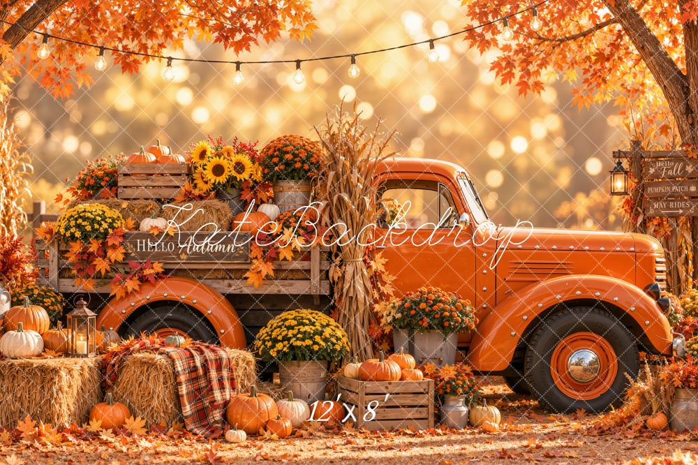Kate Fall Orange Vintage Truck Pumpkin Harvest Forest Printed Backdrop Designed by Emetselch
