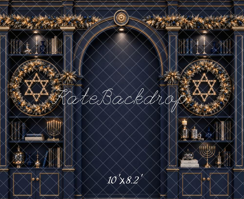 Kate Hanukkah Blue Bookshelf Arch Wreath Menorah Printed Backdrop Designed by Vertigo Productions