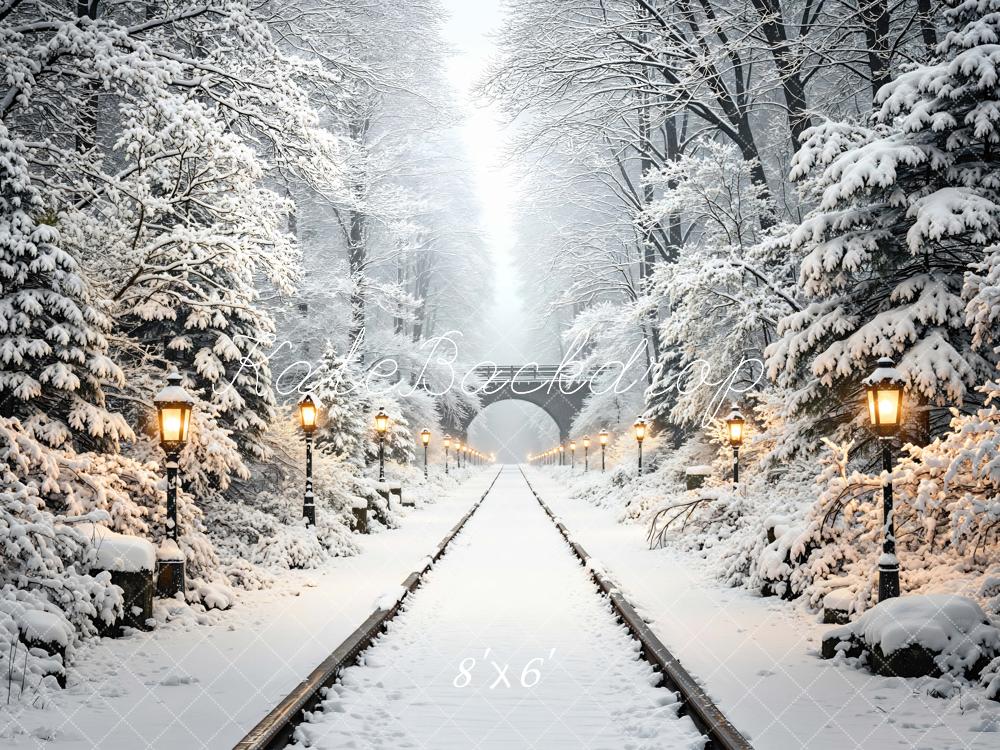 Kate Winter Snowy Forest Railway Tunnel with Lamp Posts Printed Backdrop Designed by Mini MakeBelieve