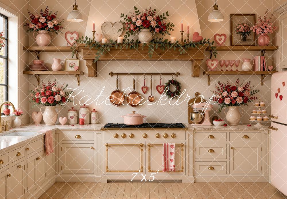 Kate Valentine's Day L-shaped Kitchen Floral Heart White Cabinets Printed Backdrop Designed by Ashley Ward
