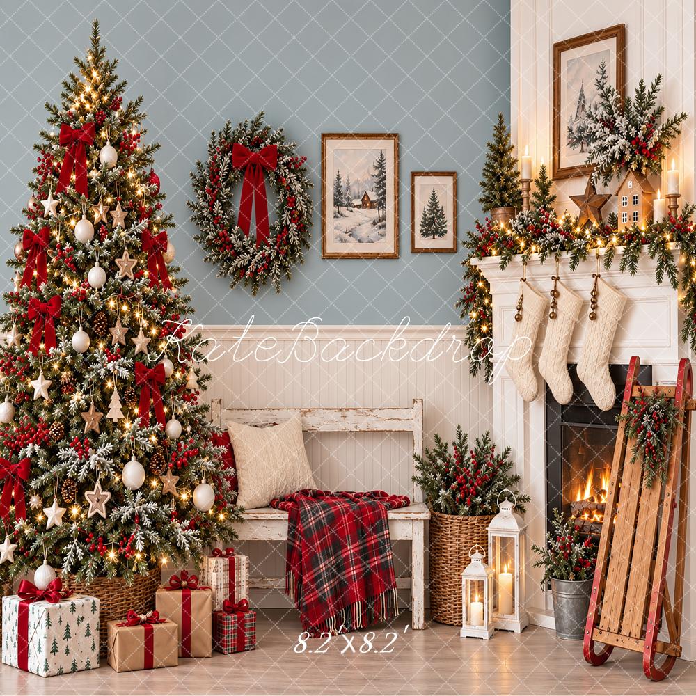 Kate Christmas Tree Fireplace Stockings Wreath Sleigh Printed Backdrop Designed by Vertigo Productions