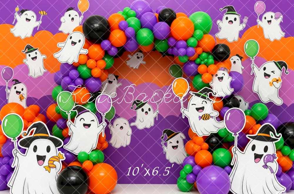 Kate Halloween Cake Smash Ghost Balloon Arch Purple Orange Backdrop Designed by Patty Roberts