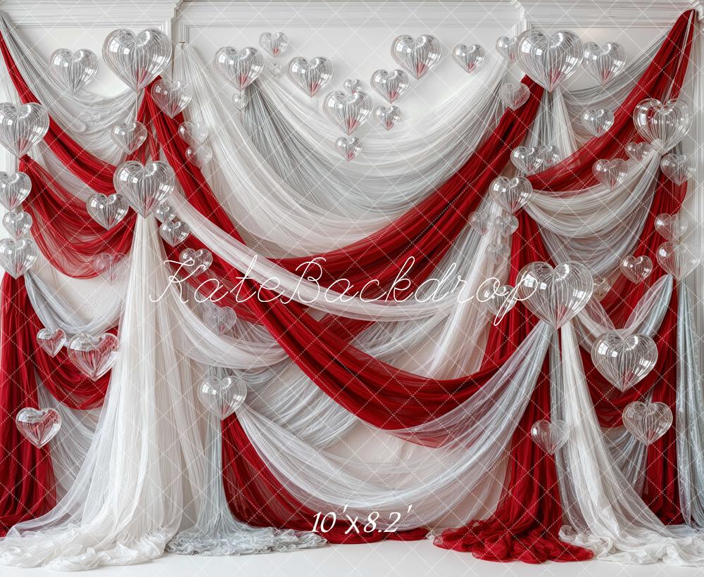Kate Valentine's Day Red White Drapery Heart Balloons Printed Backdrop Designed by Mini MakeBelieve