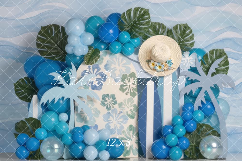 Kate Summer Palm Leaves Blue Balloons Straw Hat Printed Backdrop Designed by Emetselch