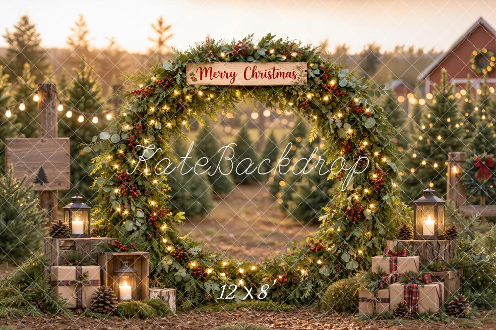 Kate Christmas Farm Greenery Arch Gift Boxes Rustic Printed Backdrop Designed by Emetselch