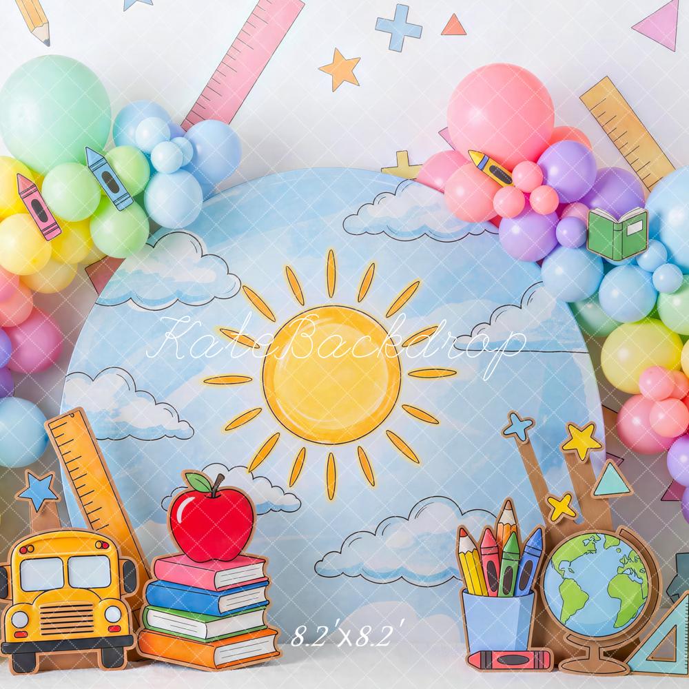 Kate Back To School Colorful Balloon Arch School Supplies Printed Backdrop Designed by Mini MakeBelieve