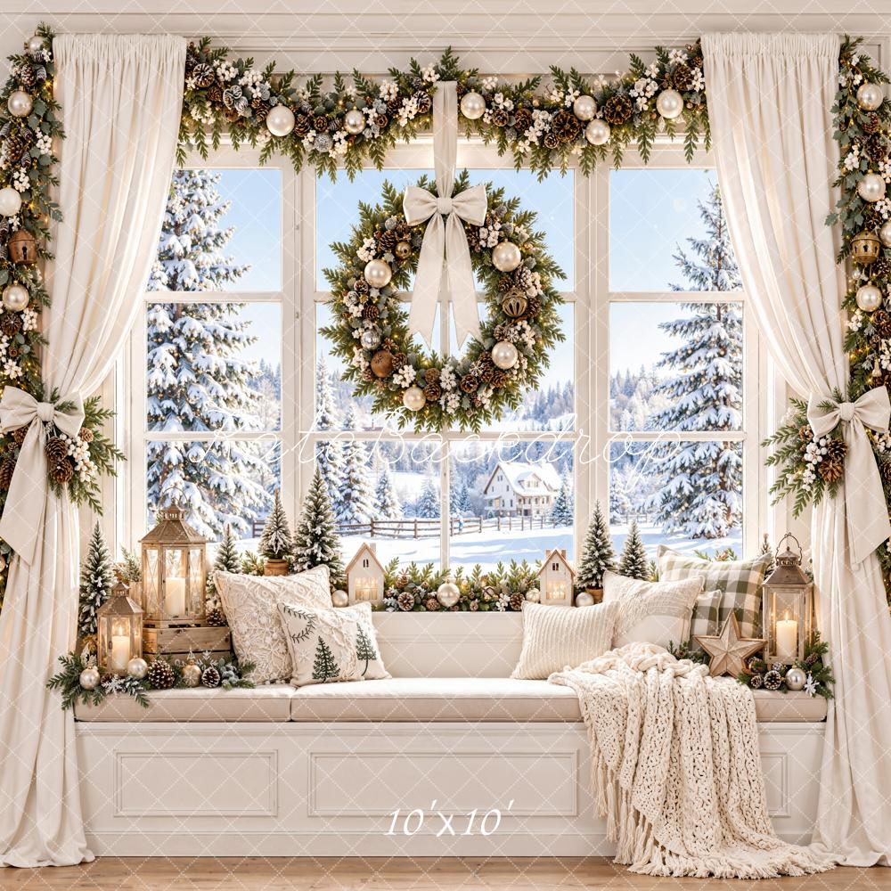 Kate Christmas Bay Window Wreath Garland White Curtains Printed Backdrop Designed by Emetselch