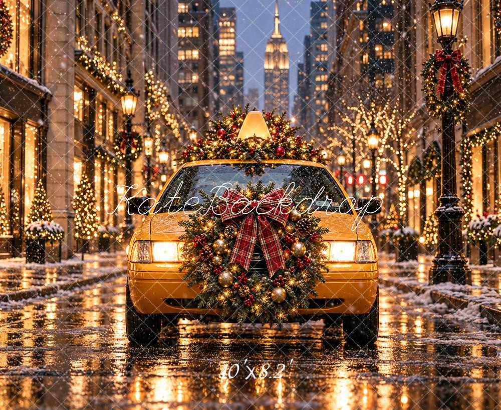 Kate Christmas Yellow Taxi Snowy City Street Printed Backdrop Designed by Angela Miller