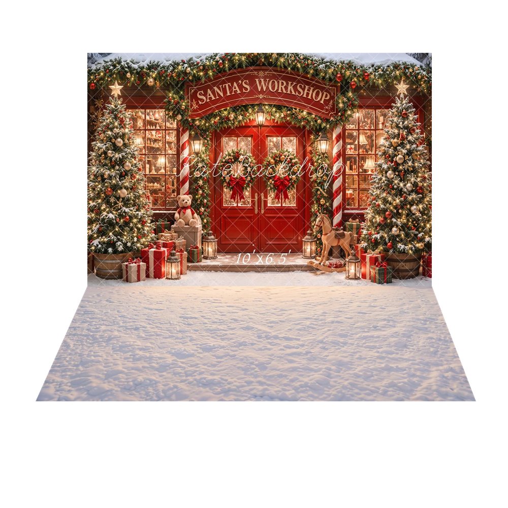 Kate Christmas Santa's Workshop Red Door Trees Presents Printed Backdrop+Snowy Ground Floor Printed Backdrop