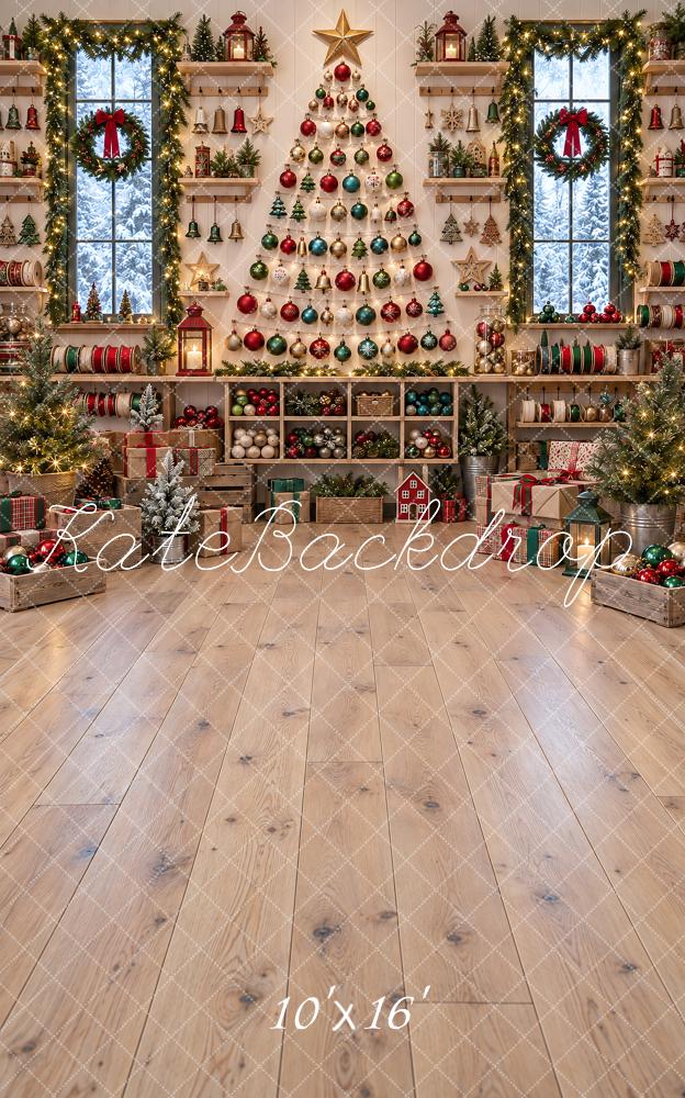 Kate Sweep Christmas Tree Garland Wreath Wood Floor Printed Backdrop Designed by Vertigo Productions