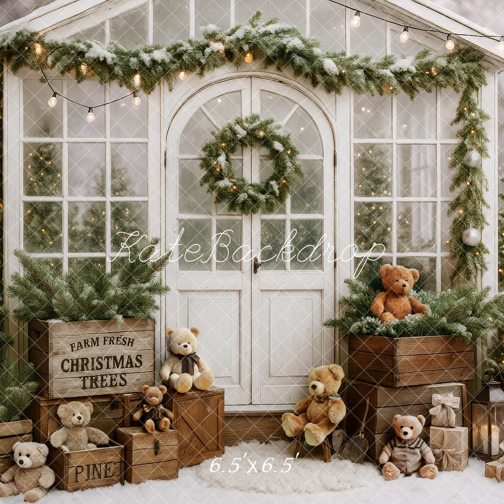 Fondo de Cabaña Blanca de Oso de Peluche de Árbol de Navidad