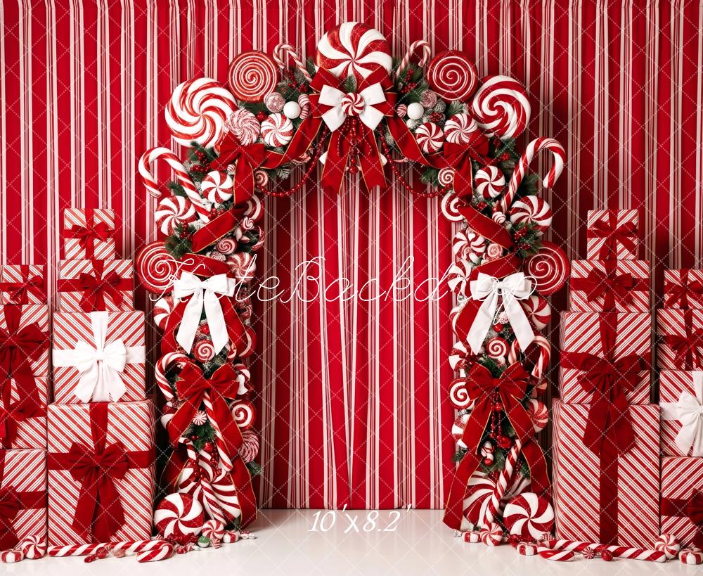 Kate Christmas Candy Cane Arch Gift Red Striped Printed Backdrop Designed by Patty Roberts