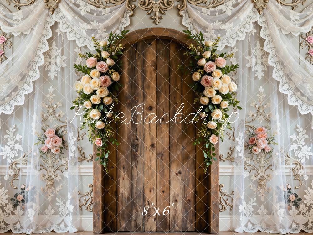 Kate Spring Flower Arch Wooden Door Lace Curtain Backdrop Designed by Mini MakeBelieve