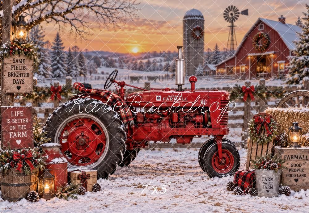Kate Christmas Red Tractor Snowy Farm Rustic Printed Backdrop Designed by Laura Bybee