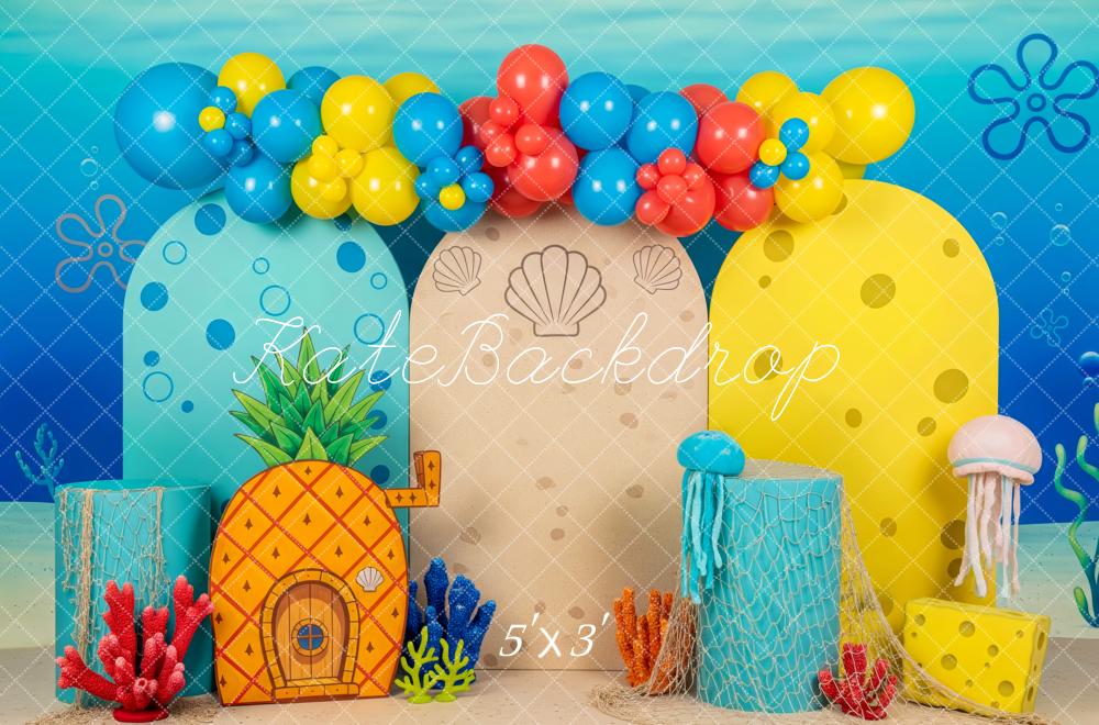 Kate Cake Smash Underwater Colorful Balloons Coral Jellyfish Printed Backdrop Designed by Patty Roberts
