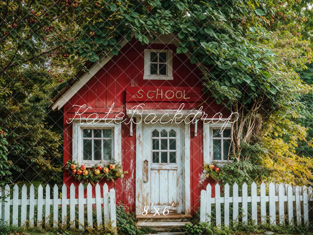 Kate Back to School White Fence Red Cottage Backdrop Designed by Emetselch