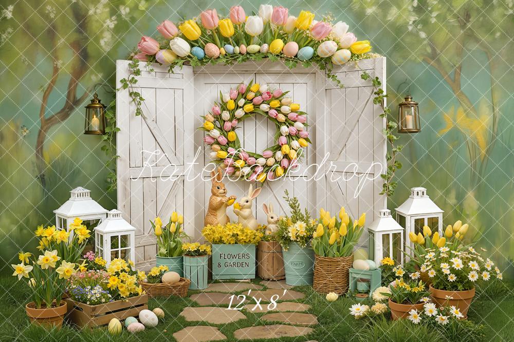 Kate Easter Bunny Tulip Wreath Garden Door Printed Backdrop Designed by Chain Photography