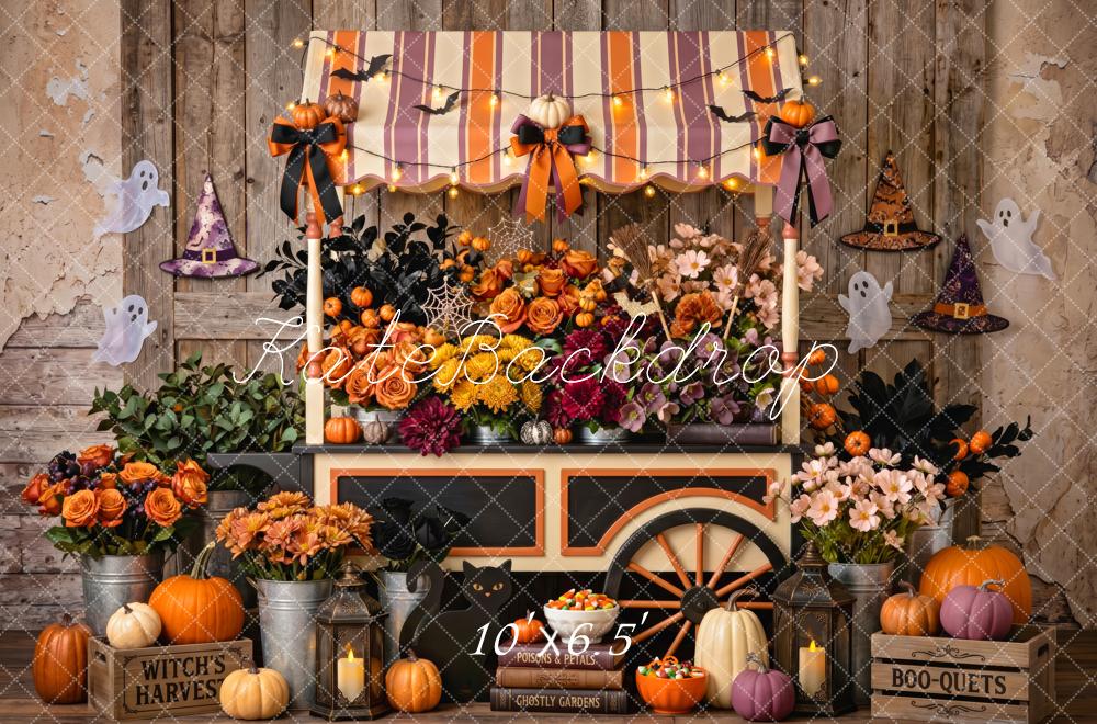 Kate Halloween Pumpkin Floral Cart Witch Bow Striped Awning Printed Backdrop Designed by Patty Roberts