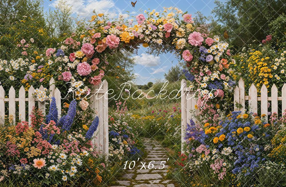 Kate Spring Flower Arch White Picket Fence Garden Pathway Printed Backdrop Designed by Emetselch