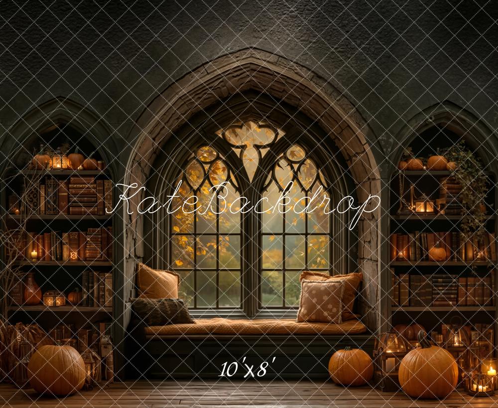 Kate Halloween Gothic Window Pumpkin Bookshelves Backdrop Designed by Emetselch