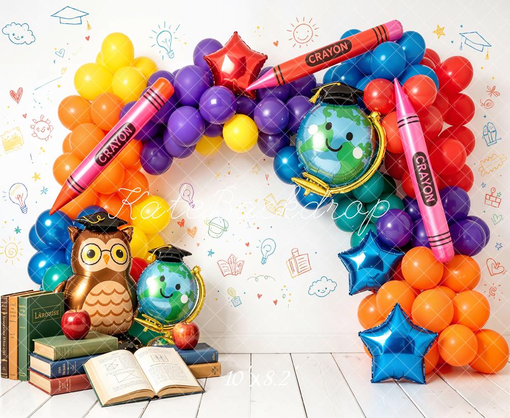 Kate Back To School Balloon Arch Crayons Globe Owl Books Printed Backdrop Designed by Emetselch