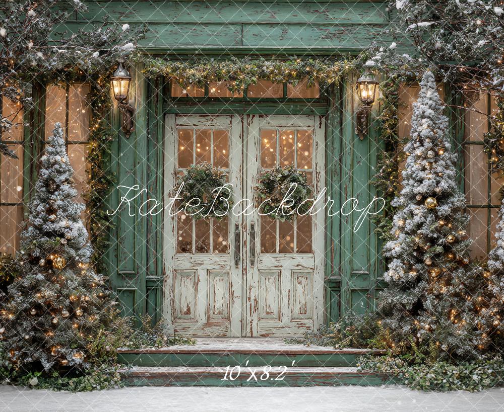 Kate Christmas Snowy Pine Trees Rustic Green Door Backdrop Designed by Ashley Paul