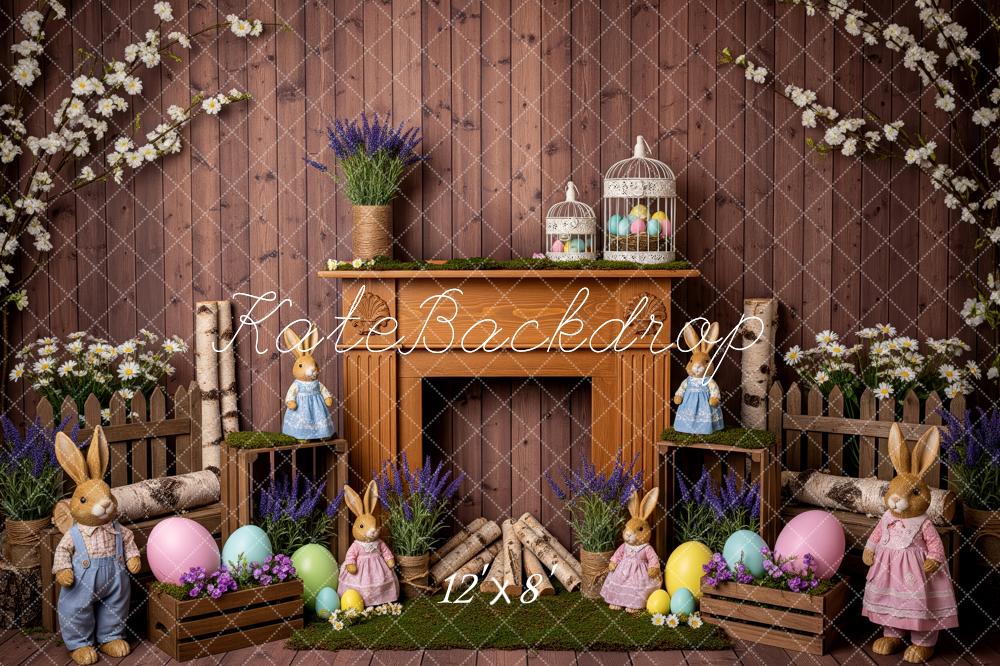 Kate Easter Bunny Fireplace Pastel Eggs Spring Flowers Printed Backdrop Designed by Patty Roberts