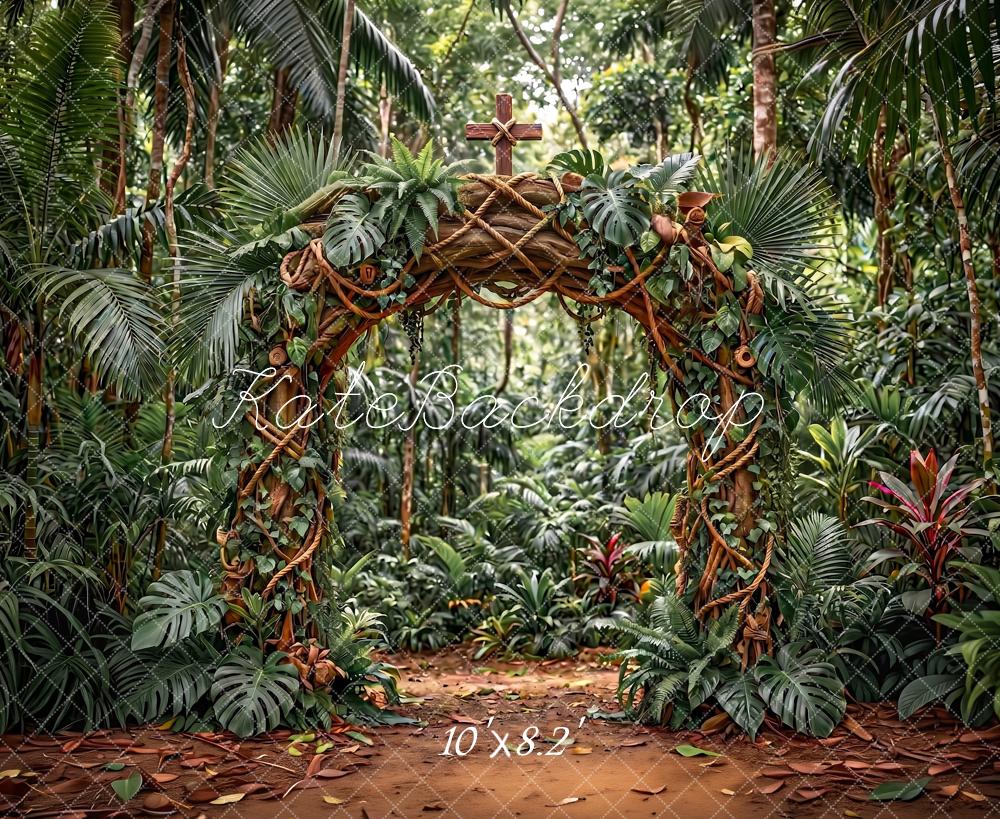 Kate VBS Jungle Arch Cross Green Tropical Printed Backdrop Designed by Angela Miller