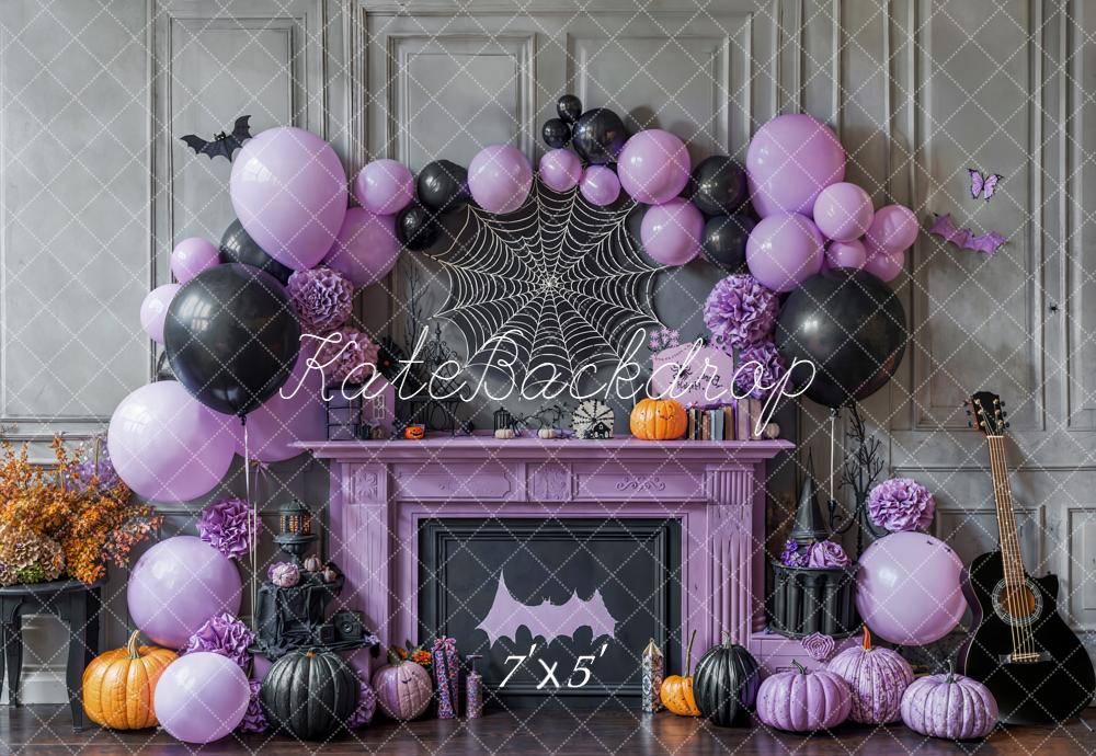 Kate Halloween Fireplace Purple Balloons Spider Web Pumpkins Backdrop Designed by Emetselch