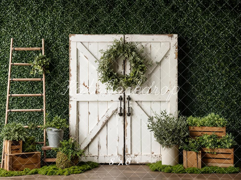 Kate Spring Greenery White Barn Door Wreath Ladder Crates Backdrop Designed by Emetselch