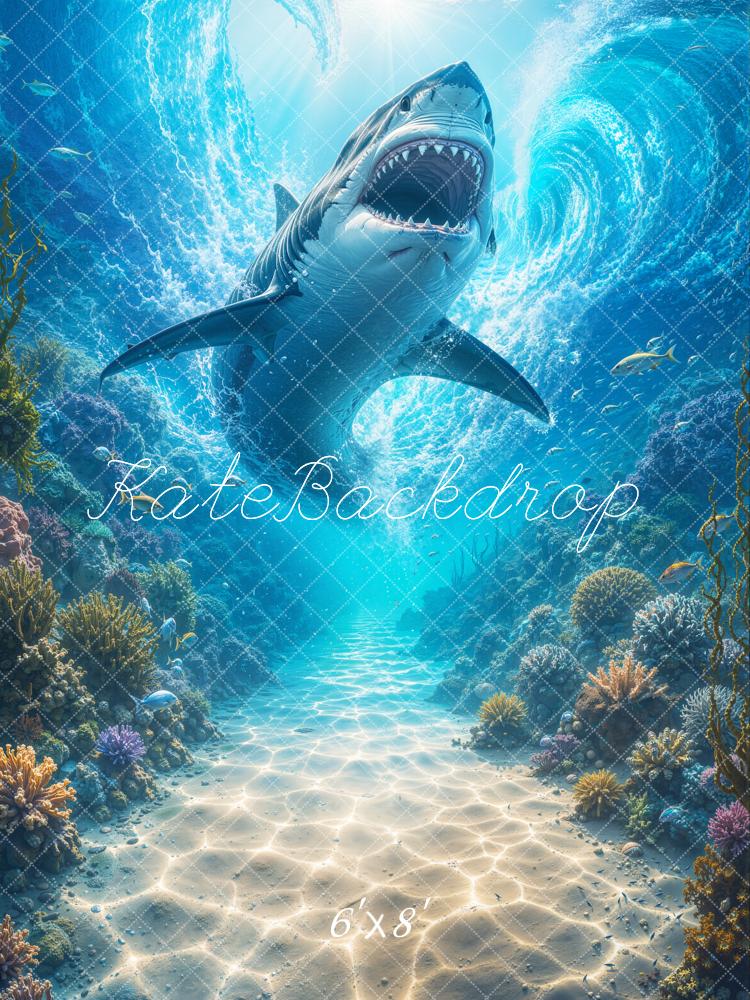 Kate Underwater Ocean Shark Coral Reef Adventure Printed Backdrop Designed by Emetselch