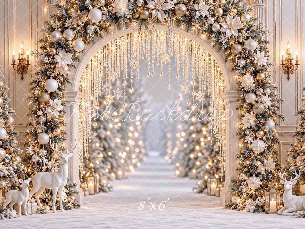 Kate Christmas White Gold Floral Archway Deer Snow Printed Backdrop Designed by Angela Miller