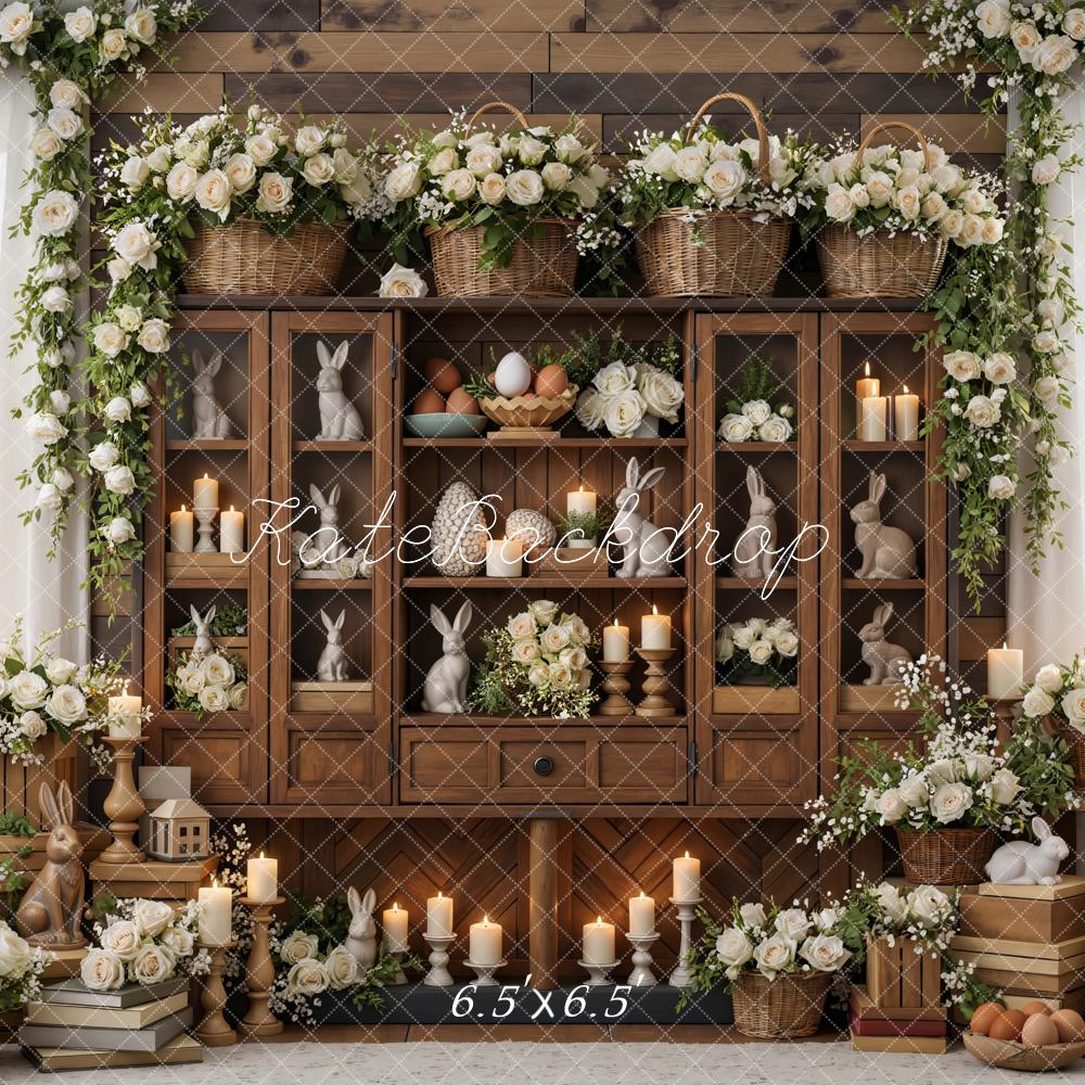 Kate Easter Bunny Wooden Cabinet Flowers Candles Backdrop Designed by Mini MakeBelieve