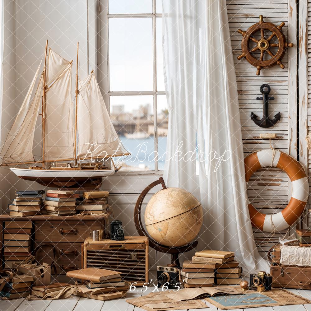 Kate Nautical Sailboat Globe Books Anchor Ship Wheel Backdrop Designed by Emetselch