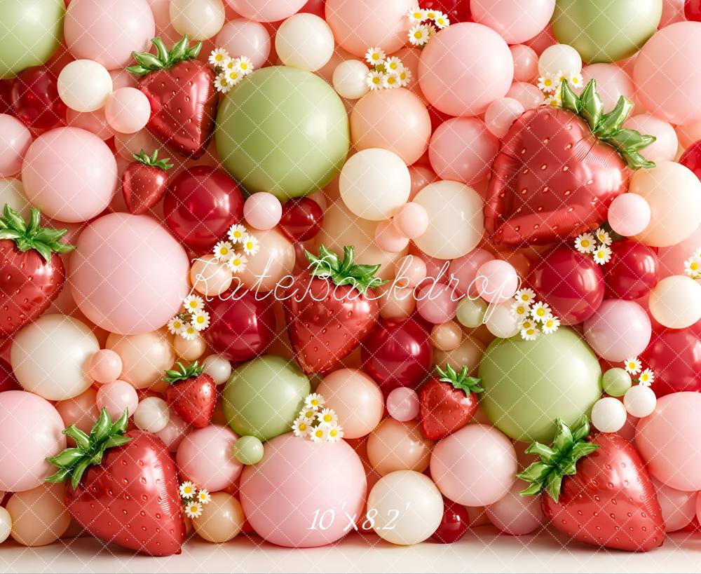 Kate Summer Strawberry Balloon Wall with Daisies Printed Backdrop Designed by Emetselch
