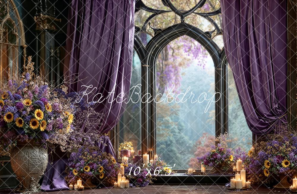 Kate Romantic Window Purple Curtains Floral Arch Candles Backdrop Designed by Emetselch