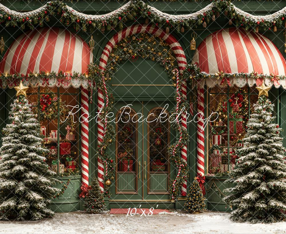 Kate Christmas Shop Candy Cane Striped Awning Snowy Trees Backdrop Designed by Emetselch