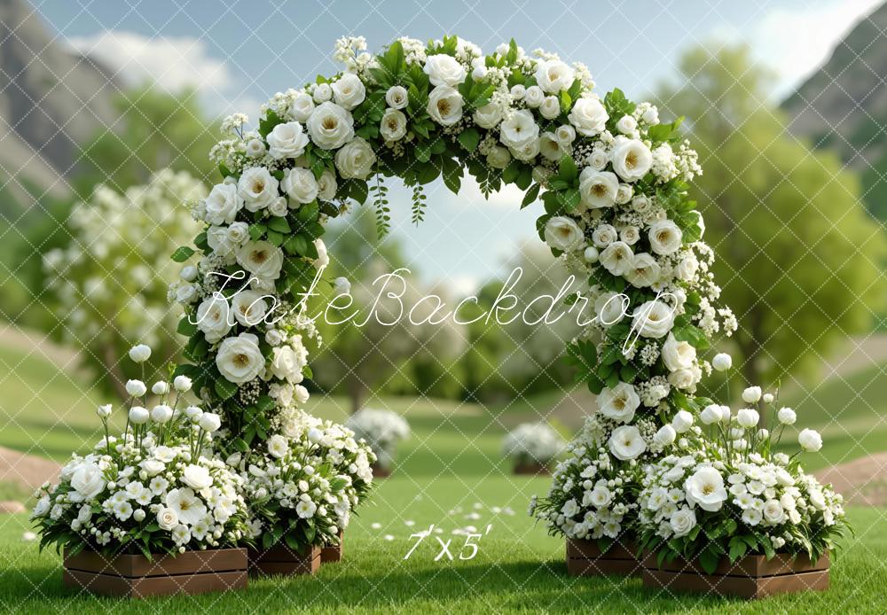 Kate Spring Flower Arch White Roses Garden Printed Backdrop Designed by Mini MakeBelieve