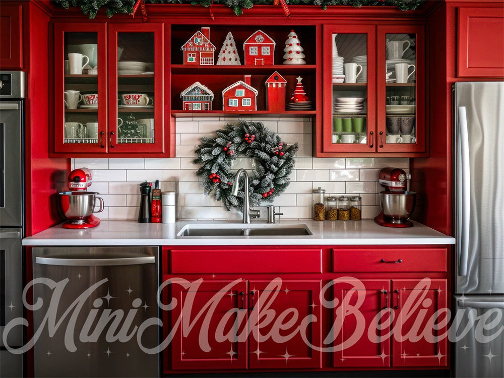 Kate Christmas Indoor Red Kitchen Backdrop Designed by Mini MakeBelieve