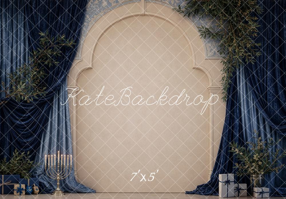 Kate Hanukkah Navy Drapes Arch Greenery Printed Backdrop Designed by Shutter Swan Studios