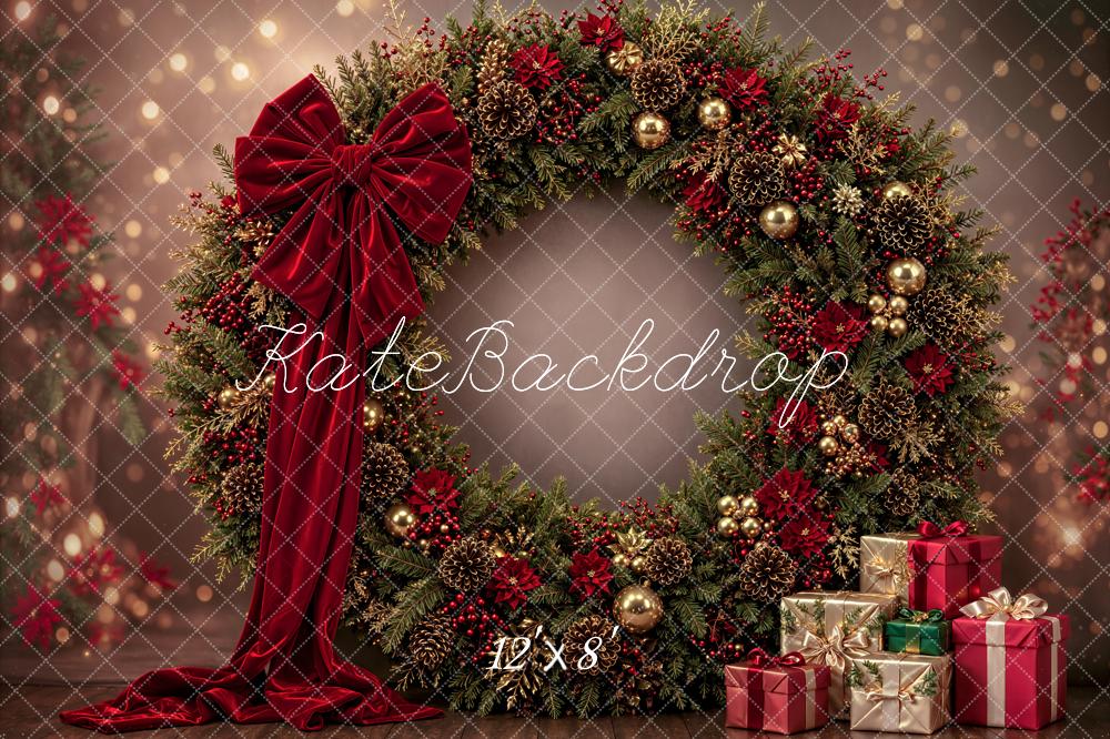 Kate Christmas Large Wreath Red Bow Presents Printed Backdrop Designed by Emetselch