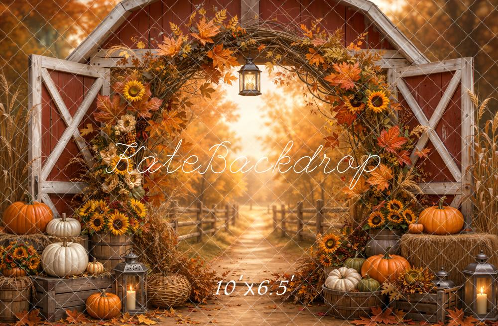 Kate Fall Barn Circle Floral Arch Pumpkin Pathway Printed Backdrop Designed by Emetselch