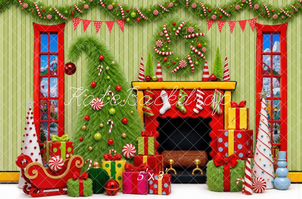Kate Christmas Fireplace Tree Whoville Presents Candy Cane Printed Backdrop Designed by Mini MakeBelieve