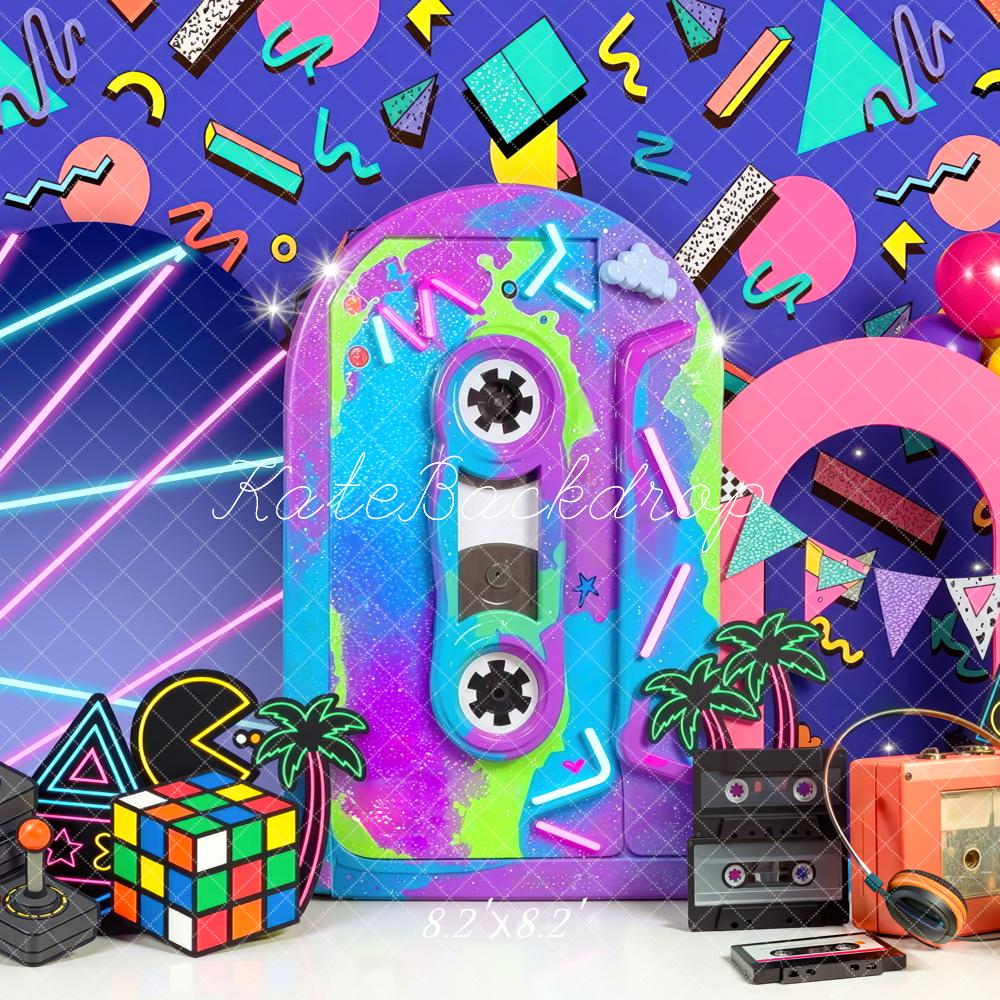 Kate Birthday Retro 80s Neon Arcade Boombox Printed Backdrop Designed by Mini MakeBelieve