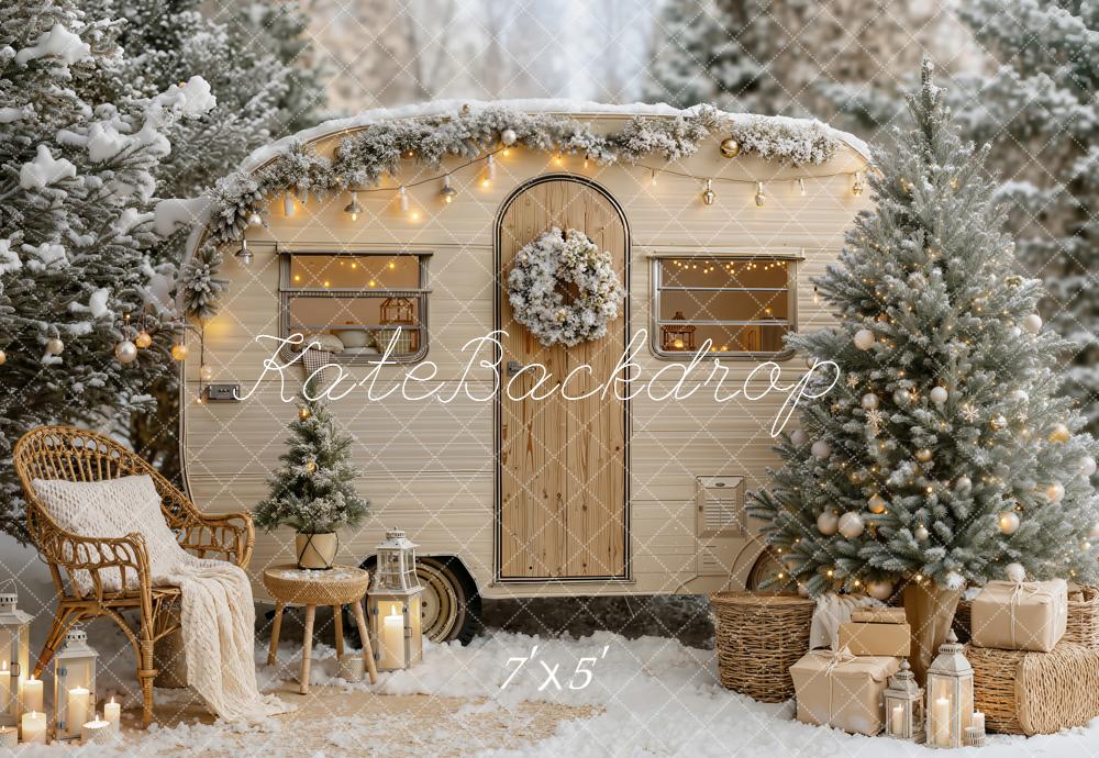 Kate Christmas Snowy Beige Camper Van Trees Lights Chair Printed Backdrop Designed by Emetselch