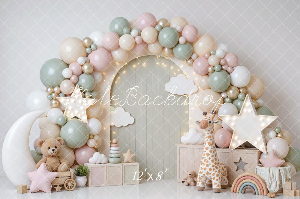 Kate Cake Smash Pastel Balloon Arch Stars Clouds Teddy Bear Giraffe Printed Backdrop Designed by Mini MakeBelieve